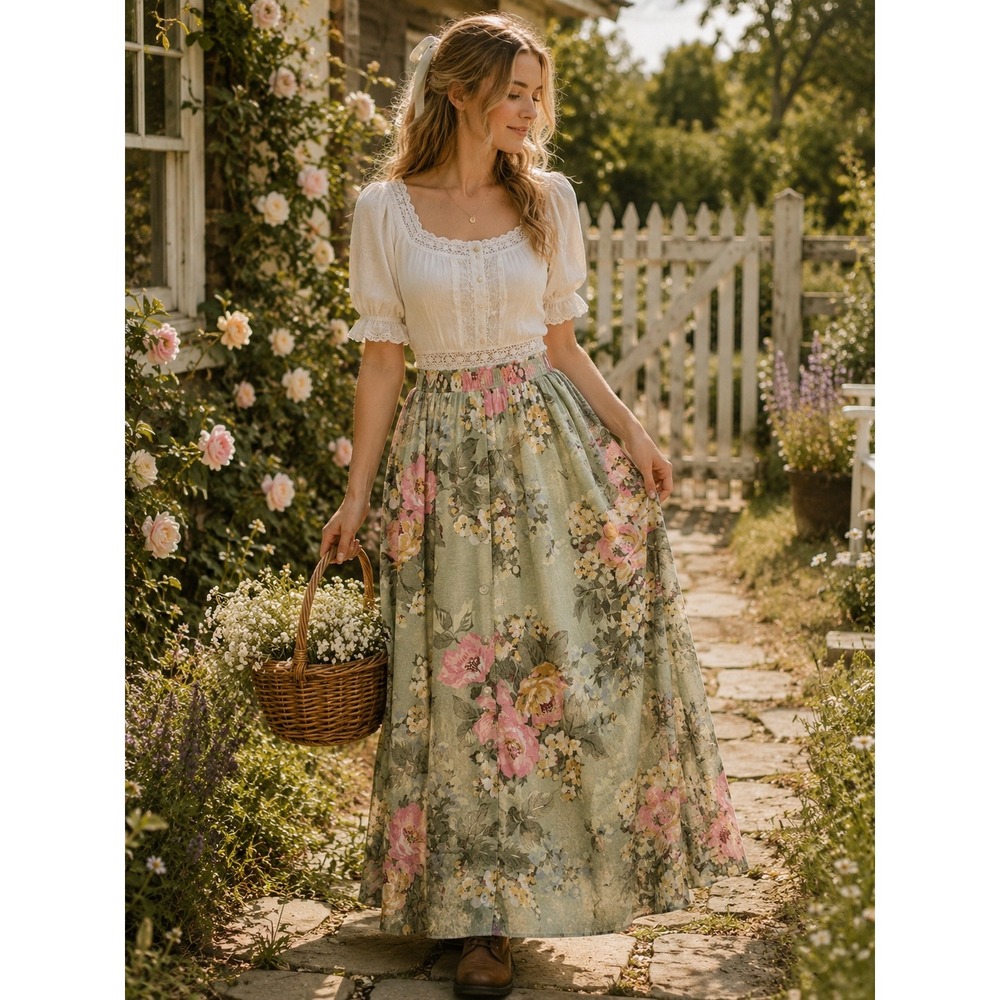 Carol‎ Anderson Collection Vintage Floral Button Front Midi Skirt Green Pink XL